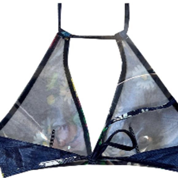 Vintage 90s Denim Floral High-Waist Bikini Set, String Halter Top Deadstock - Picture 3 of 5